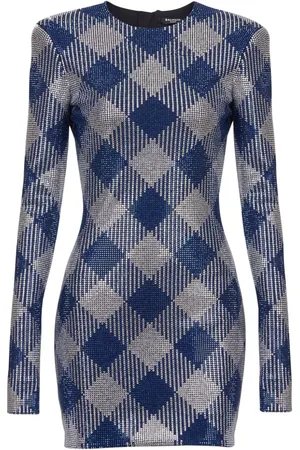 Balmain Gingham rhinestone mini dress