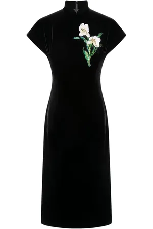 SHANGHAI TANG Floral-appliqu?? velvet qipao dress