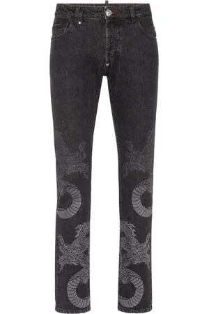 Philipp Plein Dragon-print washed straight-leg jeans