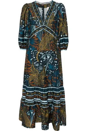 Marchesa Notte Flying Cheetah tiered midi dress