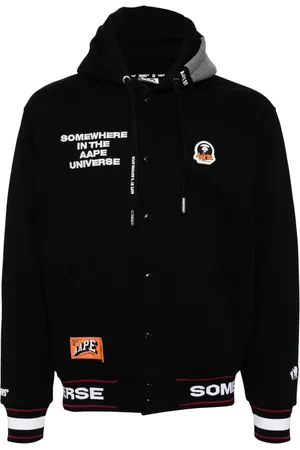 A Bathing Ape Moonface logo hooded varsity jacket