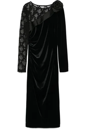 NISSA Lace-insert velvet midi dress