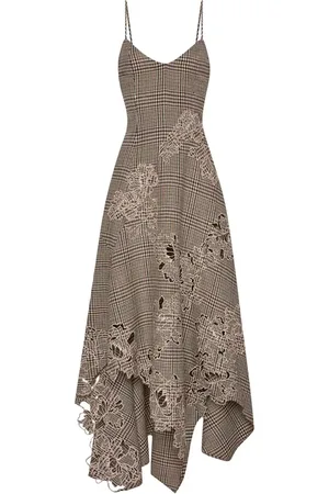 Oscar de la Renta Peony guipure-appliqué plaid V-Neck dress