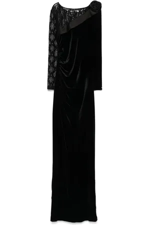 NISSA Lace-insert velvet maxi dress