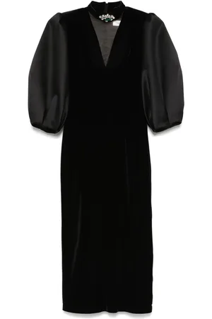 NISSA Velvet puff-sleeve midi dress