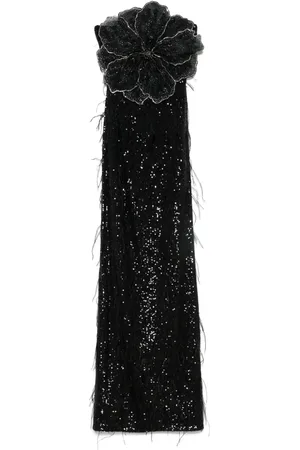 NISSA Floral-appliqué sequined maxi dress