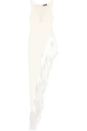 DAVID KOMA Raffia-fringe asymmetric-hem gown