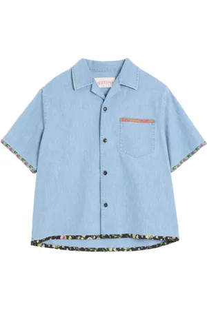VALENTINO GARAVANI Floral-trim denim bowling shirt