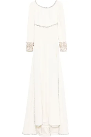 Dina Melwani Crystal-embellished cape-detail gown