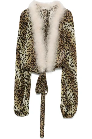 BLUMARINE Leopard-print feather-trim blouse