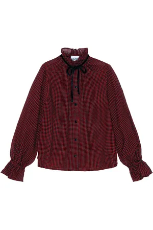 Ganni Check-print ruffle-collar shirt