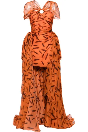 ISABEL SANCHIS Feather-print draped silk gown