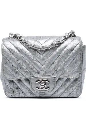CHANEL 2019 Mini Square Classic Chevron Metallic Crumpled Patent Single Flap crossbody bag