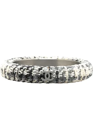CHANEL 2009 CC Silver and Tweed Narrow Bangle costume bracelet
