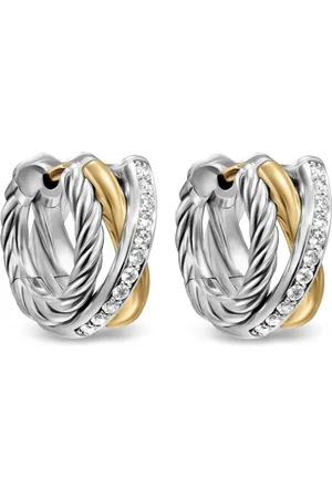 David Yurman 18kt yellow gold and sterling Crossover Three Row diamond hoop earrings (13mm)