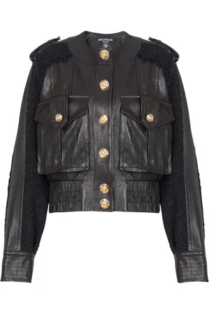 Balmain Tweed-panel leather bomber jacket