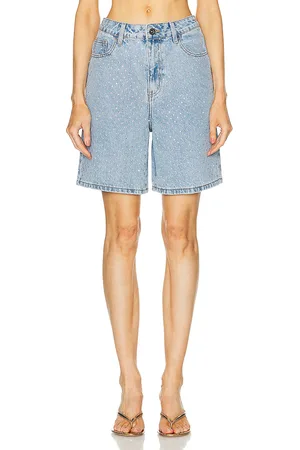 Self-Portrait Rhinestone Denim Shorts in - Denim-Light. Size 24 (also in ).