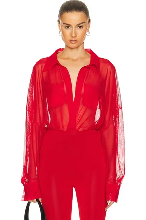Norma Kamali Super Oversized Boyfriend Shirt Bodysuit in - Red. Size L (also in M, S, XS).