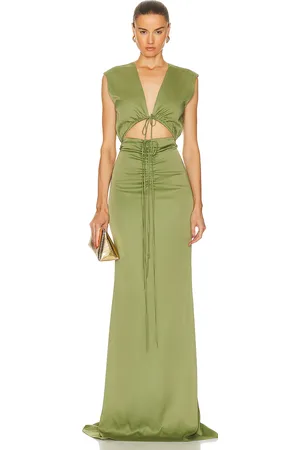 LAPOINTE Stretch Satin Shirred V Neck Maxi Dress in - . Size 2 (also in ).