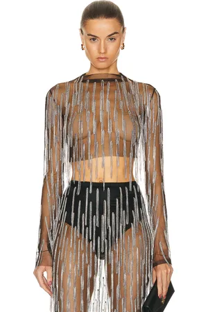 LAPOINTE Mesh Diamond Fringe Long Sleeve Mock Top in - . Size 0 (also in ).