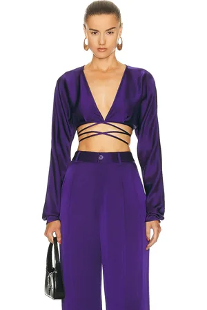 LAPOINTE Doubleface Satin Long Sleeve Tie Waist Top in - Purple. Size 2 (also in 8).