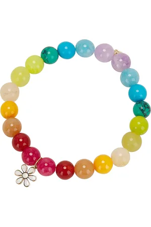 Sydney Evan Daisy Charm Beaded Bracelet in Yellow Gold Enamel & Rainbow Jade Bead - Fuchsia. Size all.