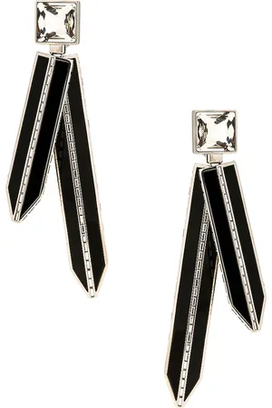 Saint Laurent Pear Rhinestone Earrings in Argent Oxyde Crystal & Nero - Black. Size all.