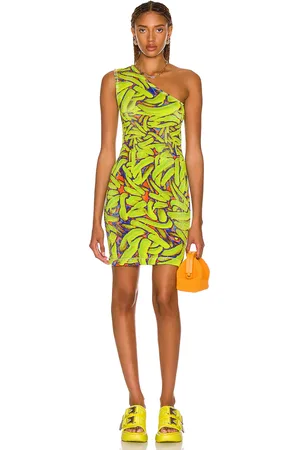 Bottega Veneta Crinkled Banana Print One Shoulder Dress in Green Blue & Coral - Green. Size XS (also in ).