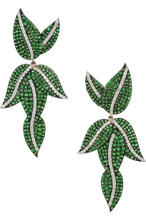 Siena Jewelry Leaf Earring in 14k Yellow Gold Diamond & Tsavorite - Green. Size all.