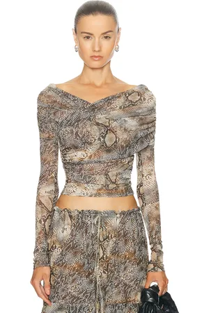 LAPOINTE Printed Mesh Off Shoulder Wrap Top in - Brown. Size M (also in S, XS).