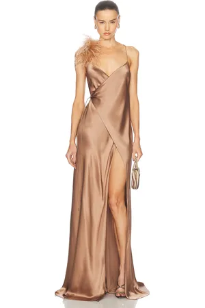 The Sei Detachable Ostrich Trim Wrap Gown in - Beige. Size 2 (also in 4).