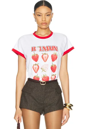 Balmain Fraise Print Bicolor T-Shirt in Blanc Rouge & Vert - White. Size L (also in ).