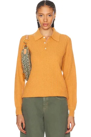 Guest In Residence Theo Waffle Polo Cashmere Top in - Orange. Size L (also in S, XS).