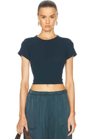 SABLYN Yael Cropped Crewneck Baby Tee in - Teal. Size L (also in M, S, XS).