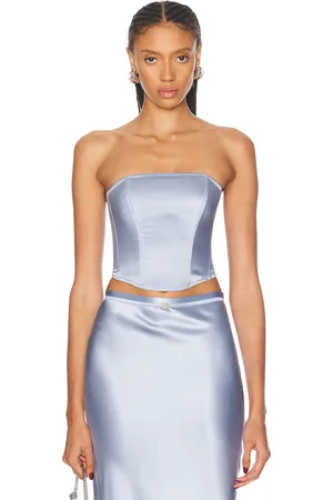FLEUR DU MAL Silk Corset Top in - Baby Blue. Size L (also in M, S, XS).