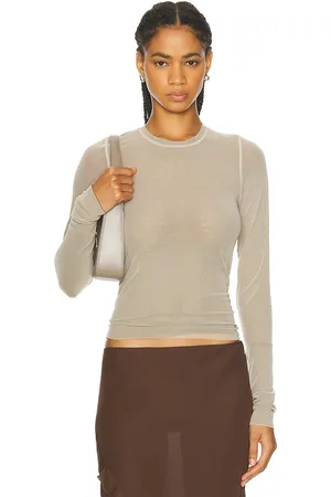 PRISCAVera Long Sleeve Mesh Top in - Taupe. Size L (also in M, S, XS).