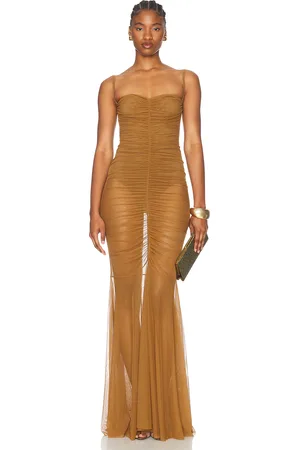 Norma Kamali Strapless Shirred Front Fishtail Gown in - Brown. Size L (also in M, S, XS).