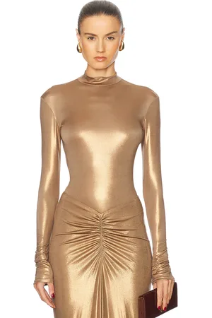 LAPOINTE Coated Jersey Mock Neck Bodysuit in - Metallic Bronze. Size M (also in XS).
