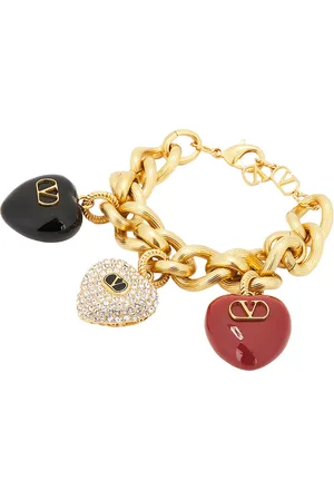 VALENTINO GARAVANI Cuore Bracelet in Antique Brass Rosso Nero & Crystal - Metallic Gold. Size M (also in S).