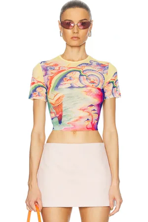 Casablanca Printed Mesh Baby Tee in - Pink,Yellow. Size S (also in XS).