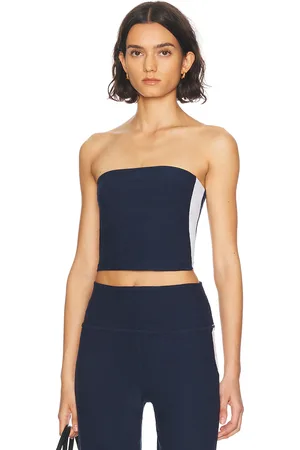 Beyond Yoga Spacedye Strapless Stripe Top in - Navy. Size L (also in M, S, XS).