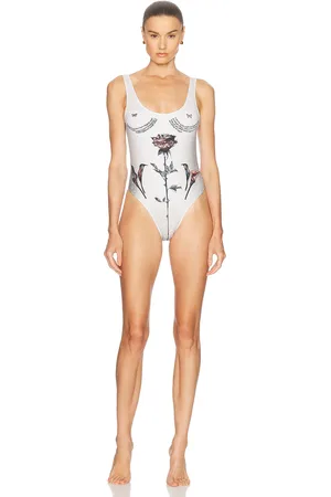 Jean Paul Gaultier Tattoo Roses Swimswuit in Ecru Black & Red - White. Size L (also in M, S, XS).