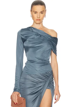 Atlein Off The Shoulder One Sleeve Ruched Top in - Blue. Size 34 (also in 38, 40).
