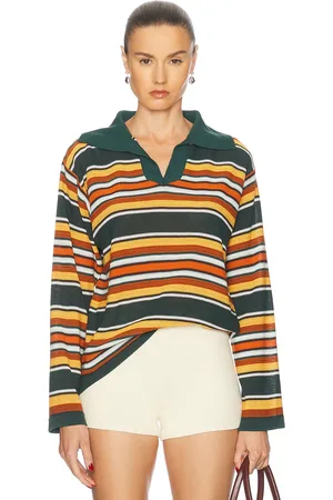 BODE Parakeet Stripe Long Sleeve Polo Top in - Dark Green. Size S (also in ).