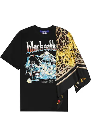 JUNYA WATANABE X Black Sabbath Graphic And Silk Scarf Tee in Black Navy Yellow & Brown - Black. Size L (also in M, XL).