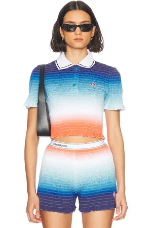 Casablanca Shirred Polo Top in - Blue. Size L (also in M, XS).