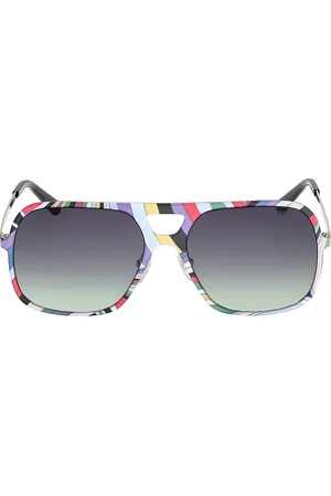 Emilio Pucci Navigator Sunglasses in Shiny Pale Gold Multicolor Iride Print & Gradient Smoke Green - Purple. Size all.