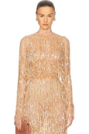 LAPOINTE Fringe Sequin Cropped Top in - Metallic Neutral. Size 2 (also in 4).
