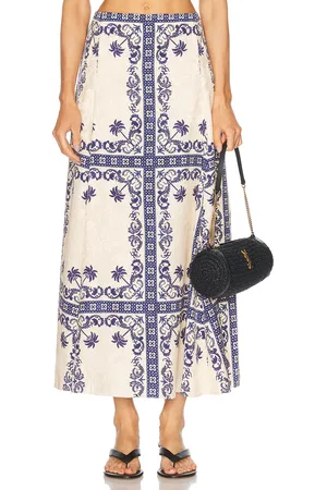 JOHANNA ORTIZ Lucena Ankle Skirt in Tropicalismo Andaluz Ecru & Blue - Blue. Size 4 (also in ).