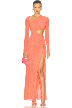 LAPOINTE Mesh Asymmetric Cut Out Ruched Gown in - Pink. Size L (also in XS).